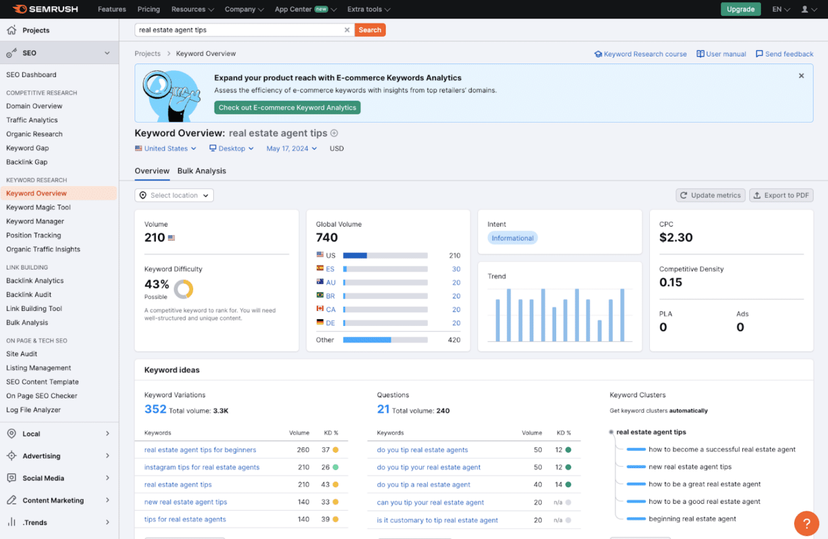 Screenshot of SEMRush keyword research tool with keyword variations, relevant questions, search volume, and more